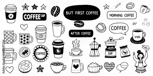 Konstfotografi Coffee Related Elements Black And White Vector Illustration Collection