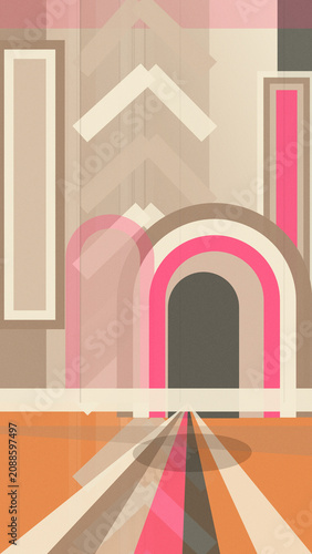 Fotografie Geometric city skyline illustration with archways and buildings in warm pink, orange, and beige, creating a modern retro mood for posters and web banners