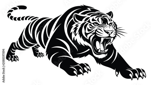 Tiger silhouette prowls across the frame in a fierce stance featuring high contrast ink style lines that serve as a versatile asset for modern branding and athletic apparel design layouts.
