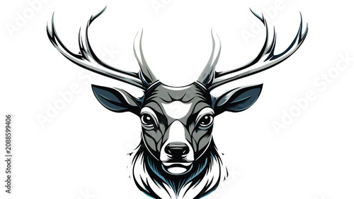 Deer head is illustrated in a detailed graphic style with sharp lines and bold shading to emphasize the powerful gaze and majestic branching antlers of the animal.