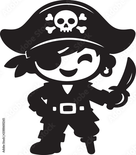  cute skull wearing a pirate hat and holding a sword, sticker sketch