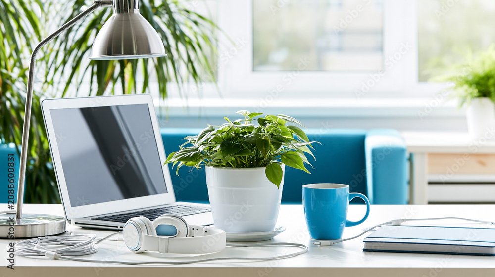 Fototapeta premium Modern workspace featuring a laptop, headphones, potted plant, blue mug, and notebook on a desk with a stylish lamp and bright window backdrop