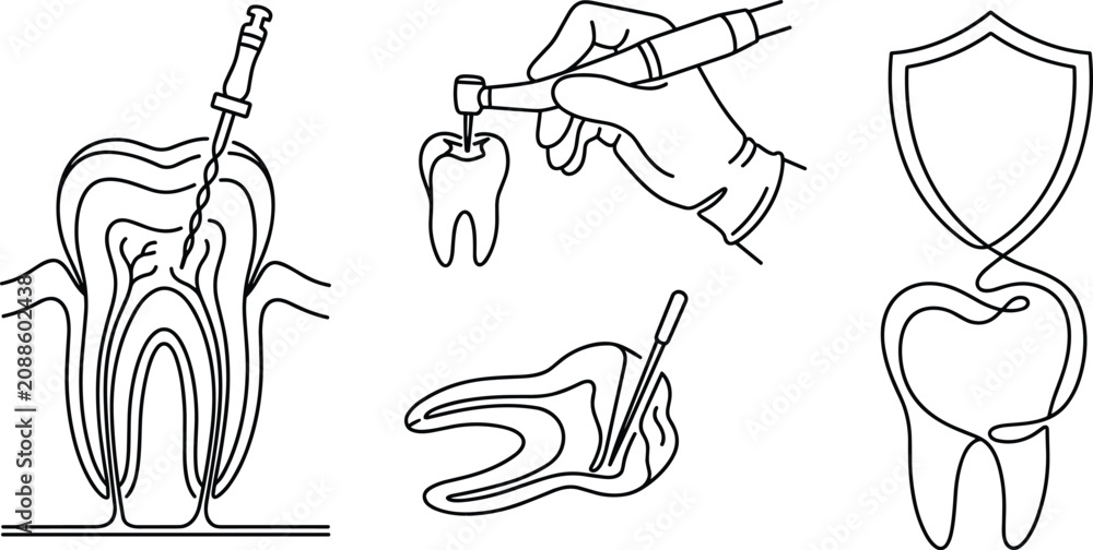 Obraz premium Dental Clinic Care Vector Set Featuring Root Canal Endodontic Therapy, Dentist Hand with Drill Instrument, Tooth filling, and Shield Protection Line Art Icons