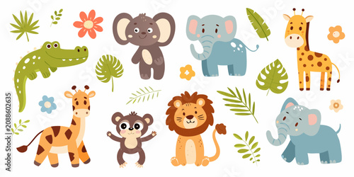 Canvas Print Safari Animals And Tropical Leaves Colorful Vector Illustration