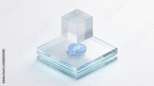 3D render of a futuristic transparent glass cube with a glowing blue DNA helix symbol, representing biotechnology and genetic engineering