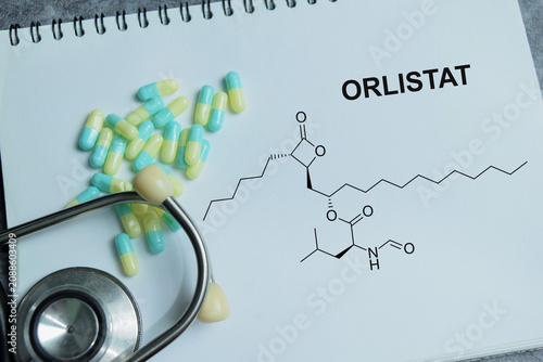 Tableau sur toile Concept of orlistat weight loss write on book isolated on Wooden Table