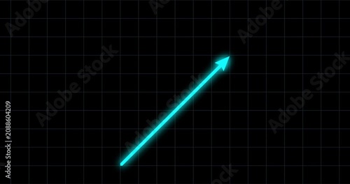 Chart arrow blue glow constant shape goes up on black grid. Graph 45 degree rectilinear steady rising fast with background business cartoon animation economy metaphor.
