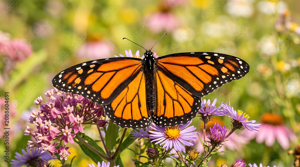 Obraz premium Monarch butterfly resting on purple wildflowers in a sunny garden with soft natural lighting