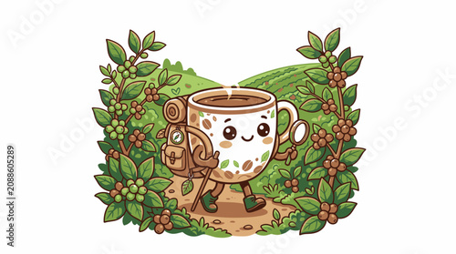 Cute Coffee Cup Hiker with Backpack Walking on Trail, Surrounded by Nature