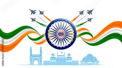 Cuadro en lienzo Indian Independence Day vector background, Ashoka Chakra with tricolor ribbons,