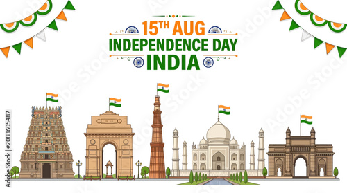 Bild auf Leinwand India Independence Day vector banner with 15th Aug text, Indian landmarks skylin