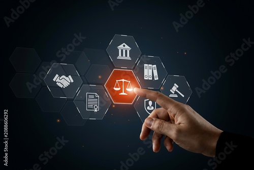 Lawyer touching virtual legal scale icon for justice and law firm consulting services