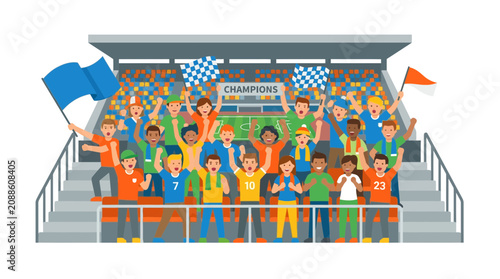 Spectators cheering in sports stadium seats.