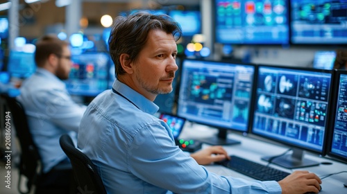 Control room operators supervising automated turbine component lines