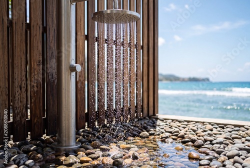 Modern outdoor shower with running water beside weathered wooden slats and smooth pebbles, set above calm blue sea under bright sunny sky in relaxed coastal resort setting, with shower, outdoor