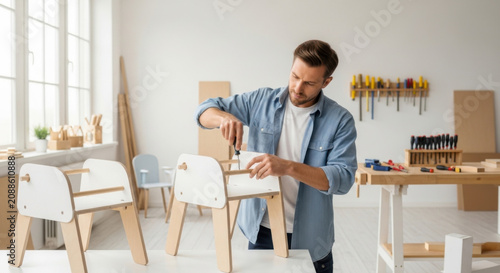 Man Assembling Furniture In A Bright Workshop Environment