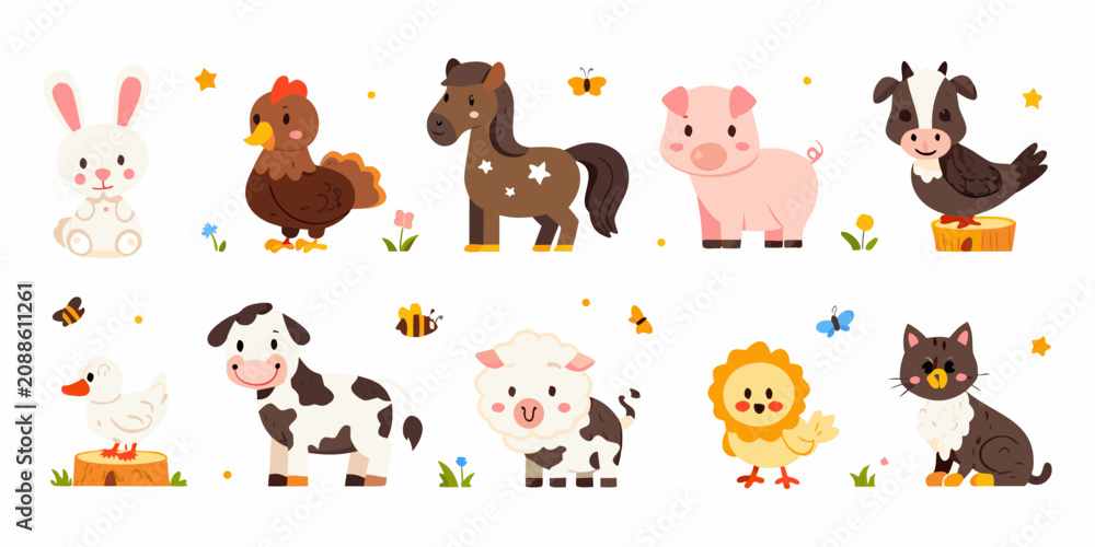 Fototapeta premium Farm animal vector illustration set with rabbit chicken horse and pig