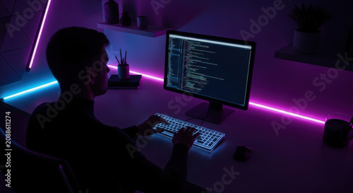 Man Coding On Computer In Neon Lit Room