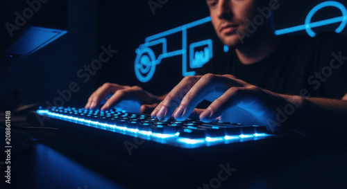 Man Coding On Neon Keyboard With Futuristic Interface Overlay