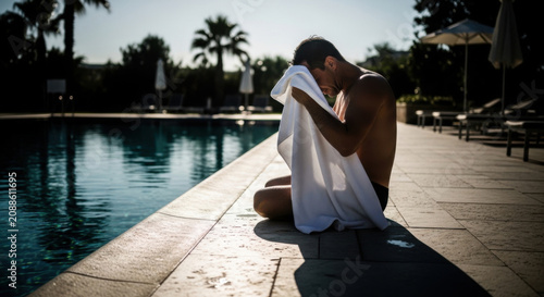 Man Drying Off With Towel By Poolside Tropical Resort