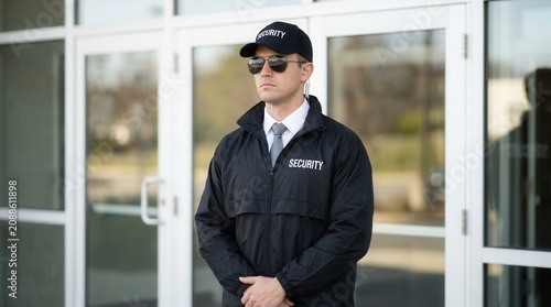 A male security guard stands professionally at a building entrance.
