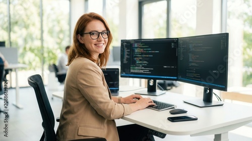 Obraz na płótnie A professional female programmer coding on a computer with dual monitors.