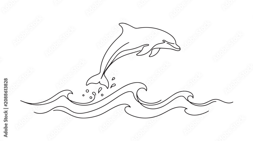 Fototapeta premium Minimalist continuous line art dolphin jumping over ocean waves, elegant black and white marine mammal vector illustration, simple nautical animal sketch