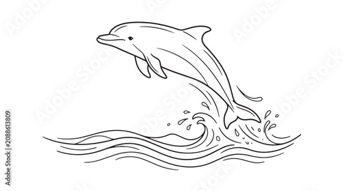 Foto Minimalist dolphin line art vector, jumping dolphin silhouette over ocean waves,