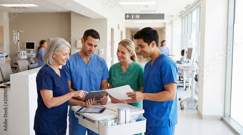 Medical team cooperation in hospital corridor. Diverse doctors and nurses in scrubs collaborating with a digital tablet. Healthcare professionals working together