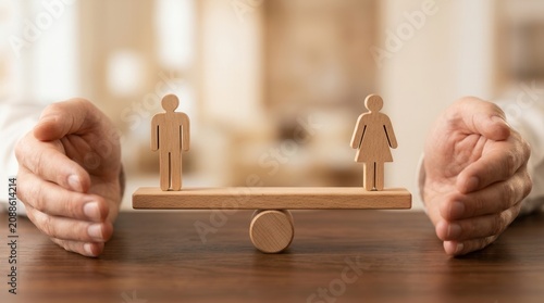 A wooden scale achieves equal gender balance and parity between male and female figures.