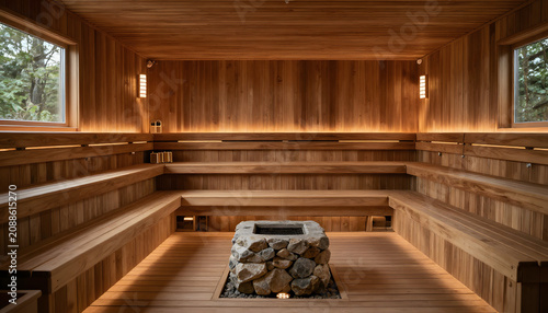 Wooden Sauna Interior With Tiered Benches, Warm Amber Lighting, Electric Heater With Stones, Smooth Cedar Panels, Intimate Compact Layout Ideal For Workout Recovery, created with generative ai