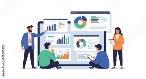 Business team analyzing data charts and graphs on a large screen, financial analytics