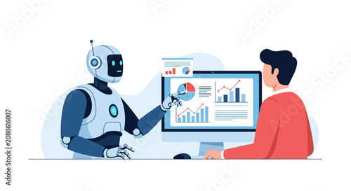Robot and Man Analyzing Data Together on Computer Screen