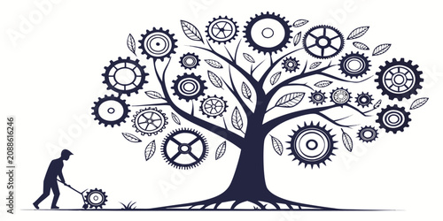 Engineer maintains a large mechanical tree composed of rotating interconnected metal gears.