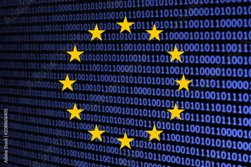 European Union stars over binary code on digital screen. Cybersecurity data protection and GDPR concept. EU technology regulation privacy and secure information network background.