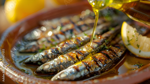 Grilled sardines with olive oil and lemon on terracotta plate