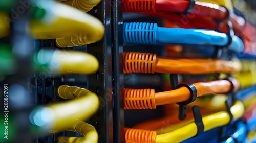 Close-up of colorful network cables organized in a data center rack