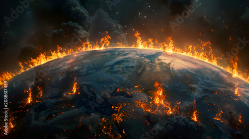 Planet earth engulfed in flames with dark stormy sky