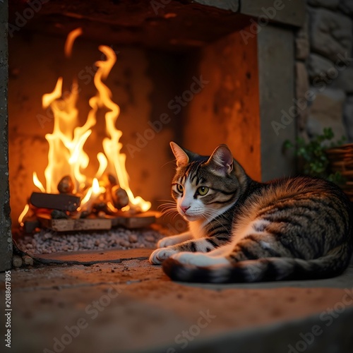 A cozy scene with a cat basking in the warm glow of a crackling fire.