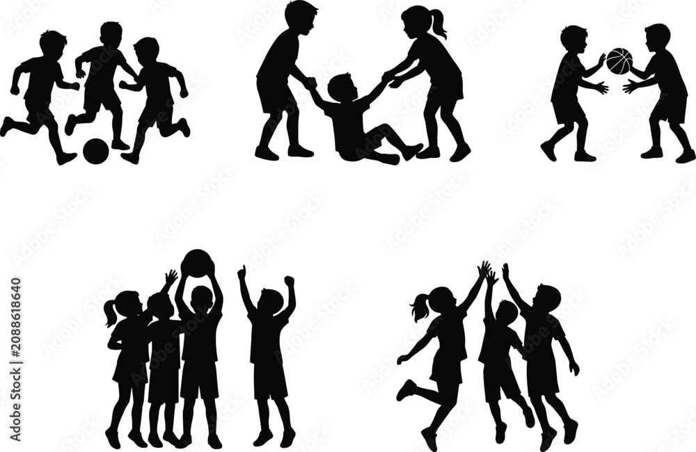 Obraz premium Children Playing and Teamwork Silhouette Set with Sports Friendship and Group Activities