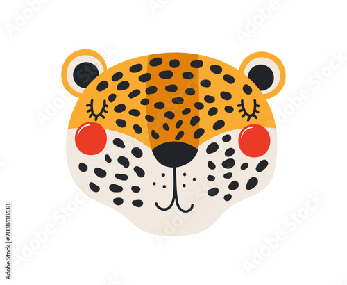 Cute little jaguar face illustration isolated. Kawaii cartoon character. Wild...