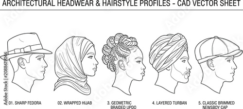 Schilderij op canvas Architectural headwear and hairstyle CAD vector profiles collection featuring fedora hijab turban and caps in image_934e44