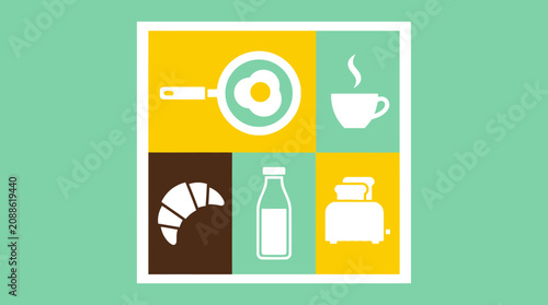 Foto A colorful illustration of breakfast foods and drinks on a table indoors