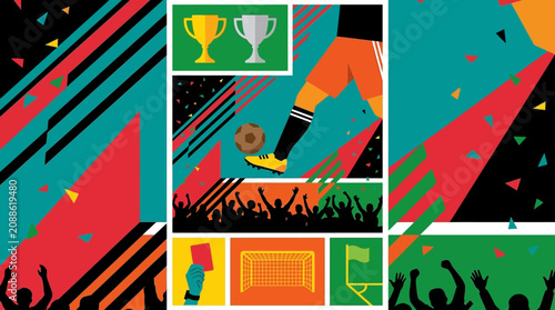 Canvas-taulu A soccer player kicks a ball on a field with confetti and trophy icons around