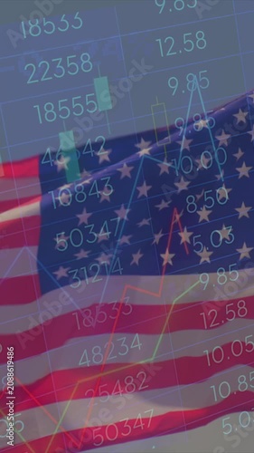 American flag waving with stock market data overlay symbolizing the national economy, financial growth, investment, and global business trends for the united states