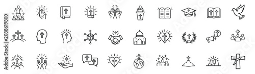 Εκτύπωση καμβά Christianity and church line icons set featuring holy scripture, flying peace dove, ten commandments tablets, savior crucifix & more vector illustration with editable stroke