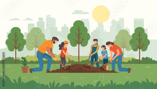 Konstfotografi Families and volunteers planting trees in a city park, promoting environmental conservation and community greening efforts