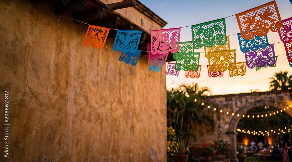 Fototapeta premium Papel Picado Banners Decorate Outdoor Courtyard During Sunset Celebration