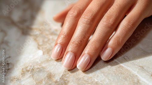 White onyx surface with elegant manicured hand resting on polished stone, natural beige nails, professional lighting, luxury spa aesthetic, high resolution detail