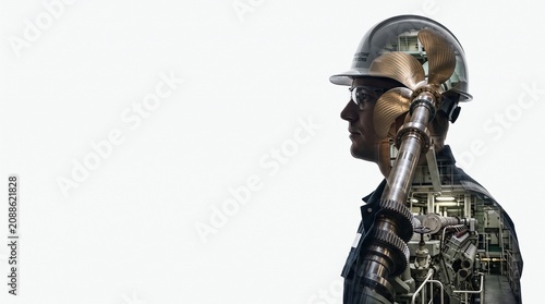 Double Exposure Marine Engineer Silhouette with Ship Propeller and Engine Shaft on Clean White Background